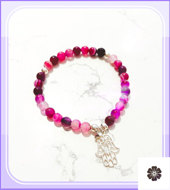 Pink Agate Charm Bracelet – Sterling Silver Hamsa & Heart