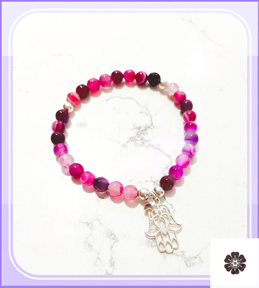 Pink Agate Charm Bracelet – Sterling Silver Hamsa & Heart