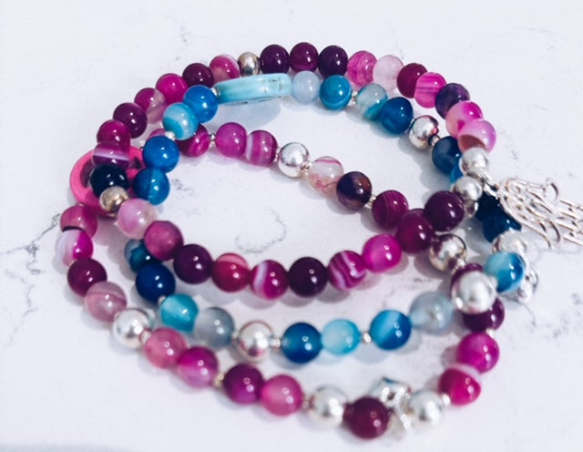 Pink Agate Charm Bracelet – Sterling Silver Hamsa & Heart