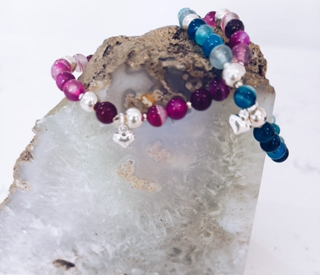 Pink Agate Charm Bracelet – Sterling Silver Hamsa & Heart
