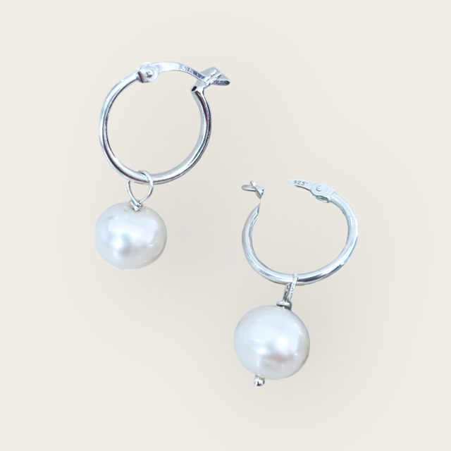 Sterling Silver Hoops with Pearl Drop
